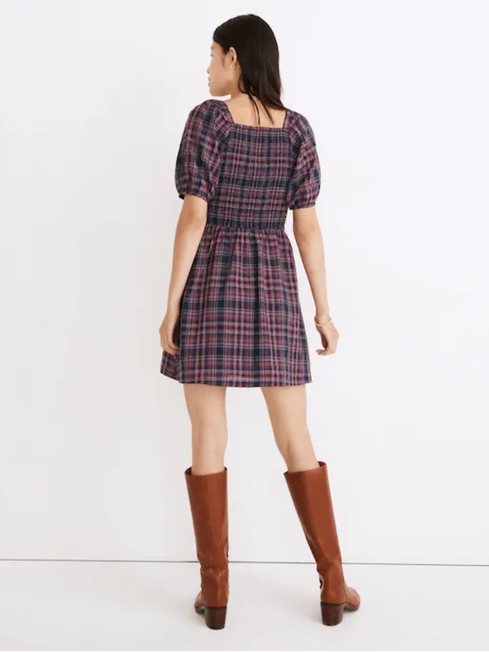 Madewell Lucie Puff-Sleeve Smocked Mini Dress in Rockfern Plaid Size M - Picture 2 of 8